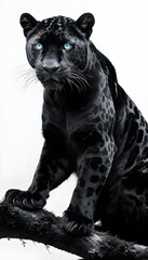 Fototapeta premium Black Panther Seated Regal On Mossy Branch With Neon Eyes