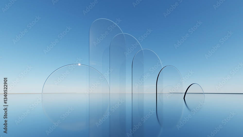 Poster 3d illustration of abstract minimal architecture background, geometric architectural with chrome or metallic arch design