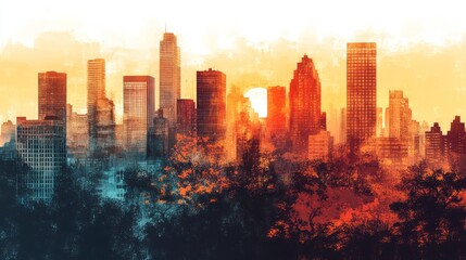 Obraz premium Urban cityscape is silhouetted against an orange sky at sunset