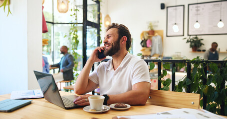 Laughing, phone call and laptop with man in cafe for remote worker, funny and planning. Feedback, communication and comic with person in coffee shop for freelancer, client contact and information