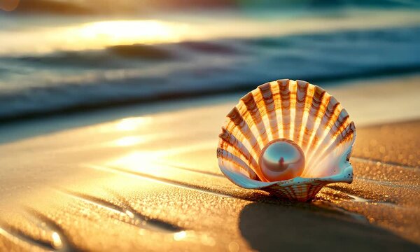 Pearl inside seashell rests on sandy beach, with ocean waves illuminated by setting sun