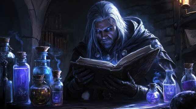drow alchemist in a shadowy chamber reading an ancient tome while surrounded by mystical potions and artifacts