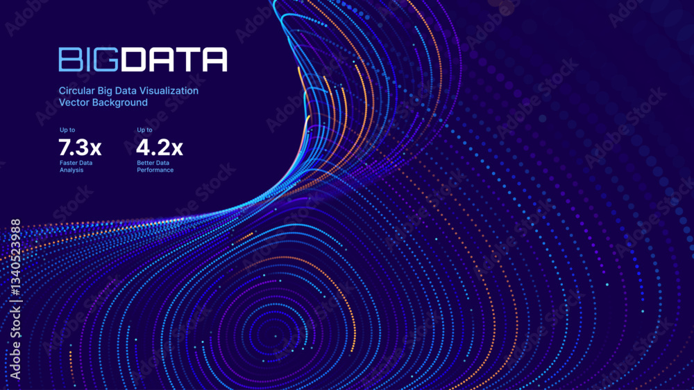 Poster Abstract Digital Technology. Circles Data Flow. Futuristic Circular Sound Wave. Big Data Visualization. 3D Virtual Space VR Cyberspace. Crypto Currency Blockchain Concept. Vector Illustration.