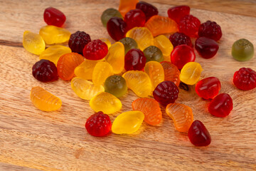 Fruit gummy candy pile, vegan chewing marmalade pills, jelly gumdrops heap