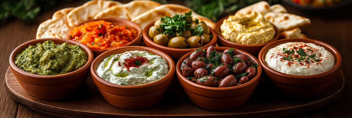 Fototapeta premium Selection of delicious greek appetizers featuring various dips, olives, and pita bread, creating a vibrant and flavorful culinary experience.