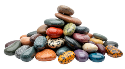 Colorful polished stones pile isolated on transparent background. Serene smooth pebbles for zen garden, spa decor, natural backgrounds, wellness projects, earthy textures.