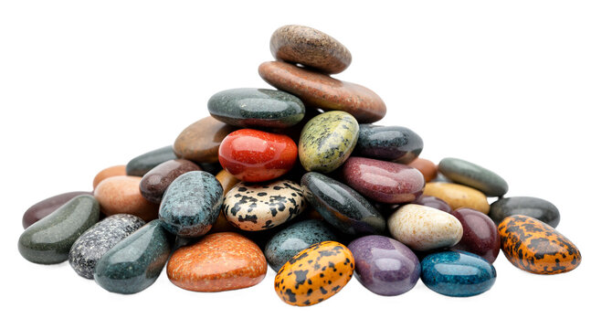 Colorful polished stones pile isolated on transparent background. Serene smooth pebbles for zen garden, spa decor, natural backgrounds, wellness projects, earthy textures.