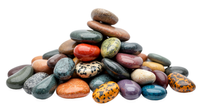Colorful polished stones pile isolated on transparent background. Serene smooth pebbles for zen garden, spa decor, natural backgrounds, wellness projects, earthy textures.