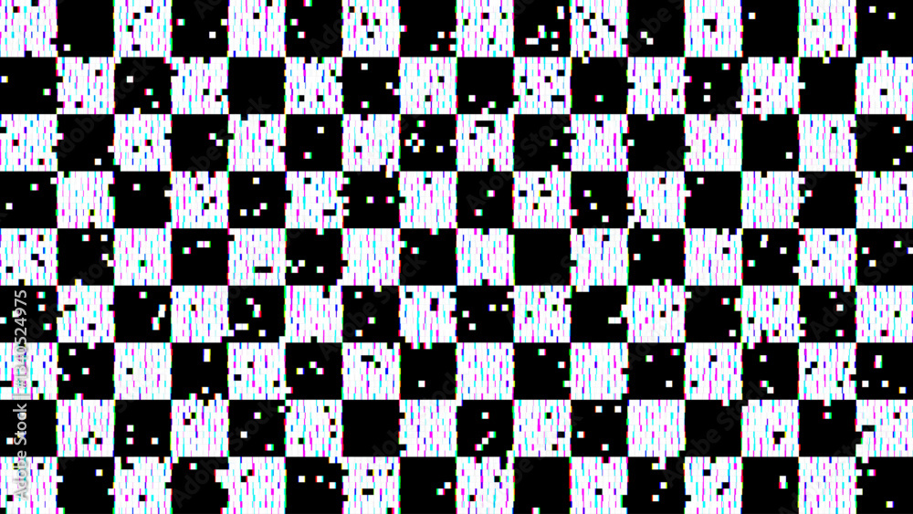 Poster Y2K Pixels Glitch Effect Abstract Background. Glitched Stripes and Random Pixels Television Screen. Distorted Glitch Effect. NO SIGNAL TV Frame Vector.
