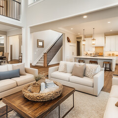 This is an interior shot of a beautiful living room in a new luxury home with a view of the kitchen. The homes interior is decorated with hardwood floors and a spacious open floorplan with a ...