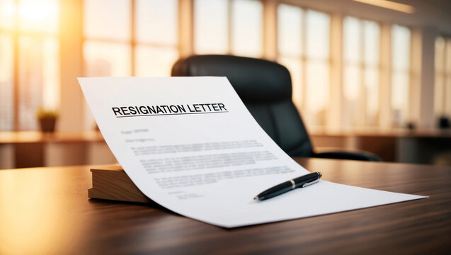 A resignation letter lying on a sleek office desk.  The blurred office setting is in the background, with warm golden.