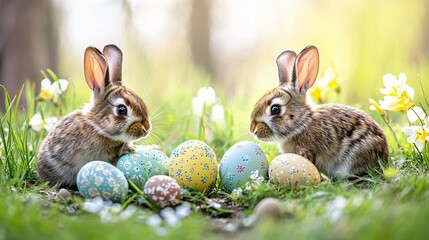 Obraz premium Two adorable bunnies sitting near decorated easter eggs in grass