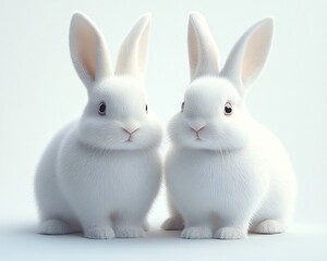Close-up of two fluffy white rabbits in soft lighting, perfect for spring-themed designs, Easter celebrations, or children's products.