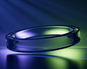 Abstract 3d dark blue background with glass transparent circle and green spotlight beam on water surface. Crystal render ring with gradient texture, digital graphic design tech banner. 3D illustration