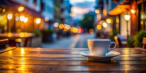 Morning Coffee: White Cup on Outdoor Cafe Table, Blurred City Street Background