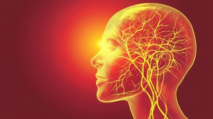 Obraz premium A head silhouette with detailed trigeminal nerve branching in yellow, a vivid red zone on the cheek indicating pain, and a sidebar with concise information about neuralgia and ther illustration