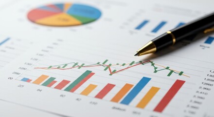 Business Charts and Data Analysis: Financial Growth with Pen on Paper. Explore Detailed Financial Graphs and Reports.