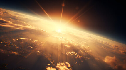 Stunning sunrise over earth-like planet with faint young sun illuminating the landscape and casting soft shadows on the surface.