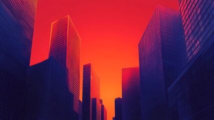 Obraz premium City buildings pierce a vibrant red and orange colored sky