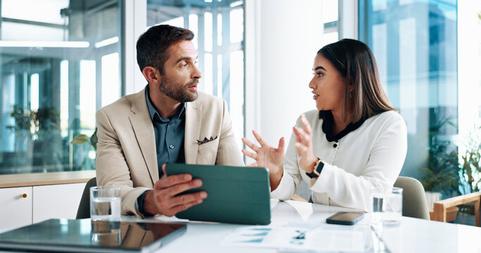 Discussion, teamwork and people with tablet, business and review of ad campaign performance and media buyer. Collaboration, talk and tech for digital marketing in office, website or online in meeting