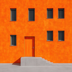 Fototapeta premium Old yellow building with orange wall and windows, featuring Mediterranean architectural style, located on a European street with a blue sky, balcony, and shutters