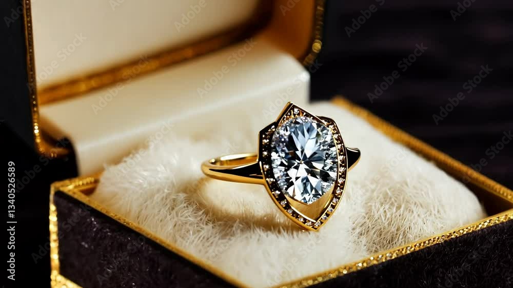 Poster a beautiful gold and diamond ring is displayed in a white and gold box. the ring is the main focus o