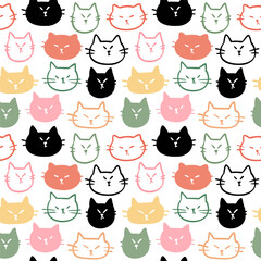 Seamless Pattern with Cartoon Cat Head Design on White Background. Hand Drawn Vector Illustration.