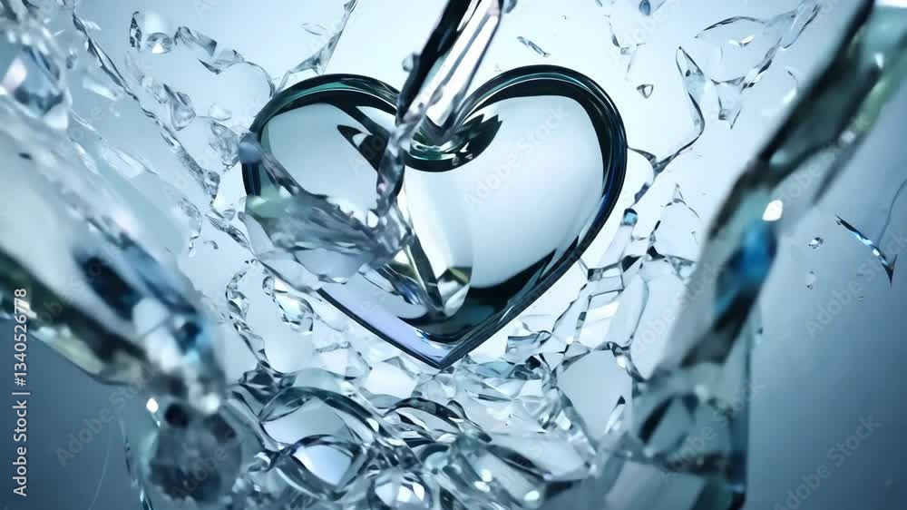 Poster a heart made of glass with shards of glass surrounding it. the heart is in the center of the image
