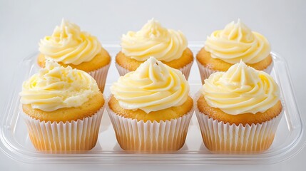 Butter cupcake paper wrapped topping custard cream and chew nut on plastic tray