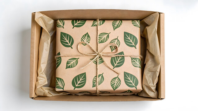 Biodegradable Packaging Biodegradable packaging with leaf design in cardboard box, tied with twine, eco friendly