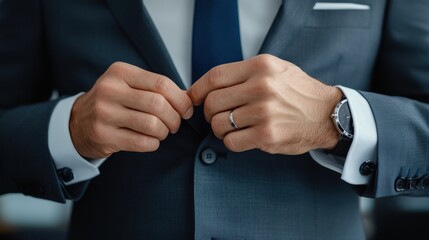 A man in a suit is getting ready to wear a blue tie