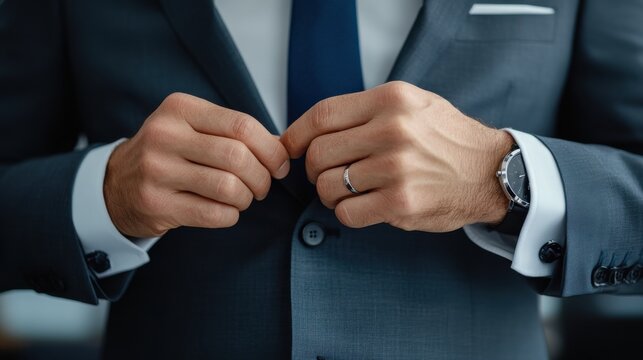 A man in a suit is getting ready to wear a blue tie