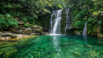 Fototapeta premium A large waterfall cascading into a crystal-clear pool surrounded by lush greenery