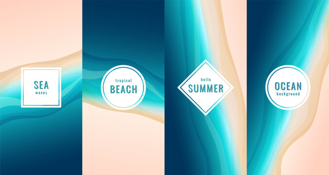 Ocean background set. Top view of the sea coastline. Sand and sea illustration texture. Summer concept. Design for poster, backdrop, cover, invitation. Vector image.