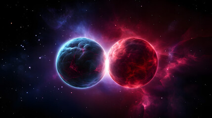 Fototapeta premium Captivating view of two planets in space against a dark cosmic background illustrating the vastness and mystery of the universe.