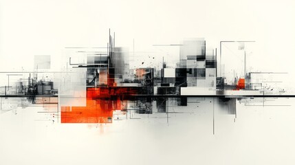 Geometric abstraction with layered monochrome and vibrant orange accents