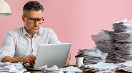 Photo of an overweight middle-aged man sitting at his desk in a pink office, searching for documents on the laptop screen, surrounded by piles and stacks of papers. Professional ph