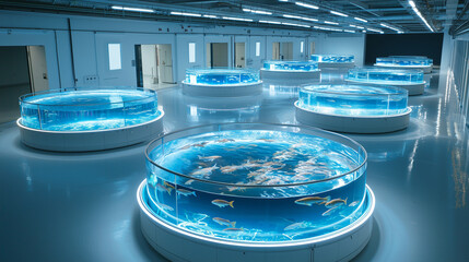 A photograph of fish in circular tanks filled with water, lined up on the floor inside an empty futuristic research facility, with LED lights and white walls, shot from above, capt