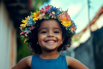 Golden sunrise. Happy summertime symbol. Happy brazilian toddler girl wearing multi-colored flower circlet on her head. Bright summer portrait of a girl. Carefree girl with flower accessories.