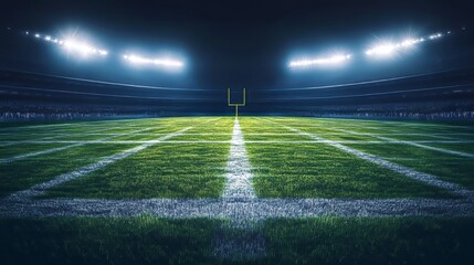 A brightly lit American football field against a dark background. Realistic sports illustration. 