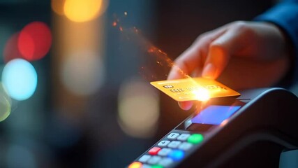 The hand holds the bank card above the contactless payment terminal. The card glows orange, and the terminal has a color display and buttons. - Powered by Adobe