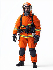 Naklejka premium Firefighter in an orange suit, full-body view, white background, studio lighting.