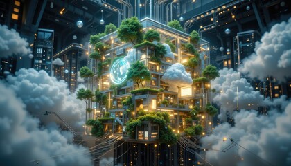 Fototapeta premium Innovative developments in digital cube architecture include green computing, ethical IT sustainability, cloud insights with connectivity design, and the fusion of technology and information.