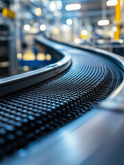 Obraz premium Close-up of a black plastic circular conveyor belt with metal edges, in a modern factory setting. The image has high resolution, clear and sharp focus, and a photorealistic style 