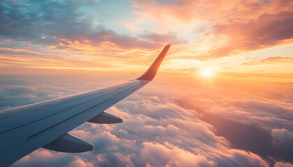 Fototapeta premium Private jet plane flying above clouds in beautiful sunset light. Modern and fastest mode of transportation, business life.