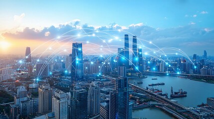 Fototapeta premium City skyline connected with glowing lines representing network links