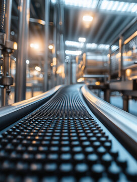 close-up of a black rubber track on a conveyor belt, with metal feet and edges, and bright lights in the background, for beer glass movement