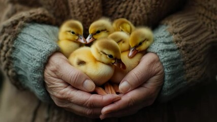 A woman gently holds five adorable ducklings in her palms, showcasing a warm interaction with the little creatures. Her soft sweater adds to the comforting ambiance of the moment.