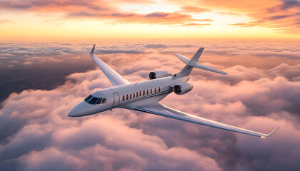 Obraz premium Private jet plane flying above clouds in beautiful sunset light. Modern and fastest mode of transportation, business life.