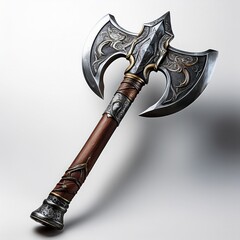 A fierce war axe with a sharp, double-edged blade rests against a clean white background, highlighting its rugged design and polished metal